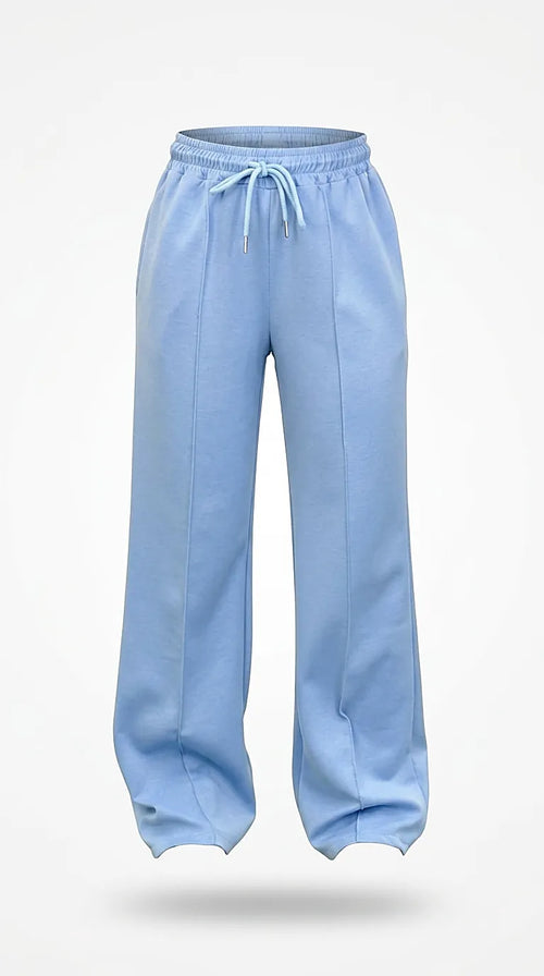 Pantaloni de damă wide leg albastru deschis cu talie înaltă elastică și șnur, stil palazzo sport casual