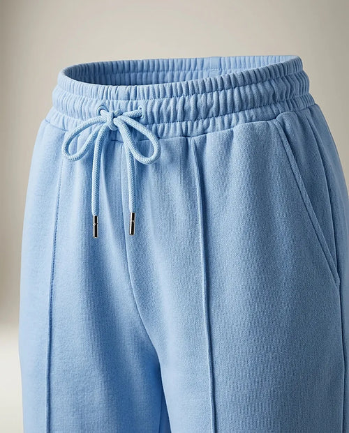 Pantaloni de damă wide leg albastru deschis cu talie înaltă elastică și șnur, stil palazzo sport casual