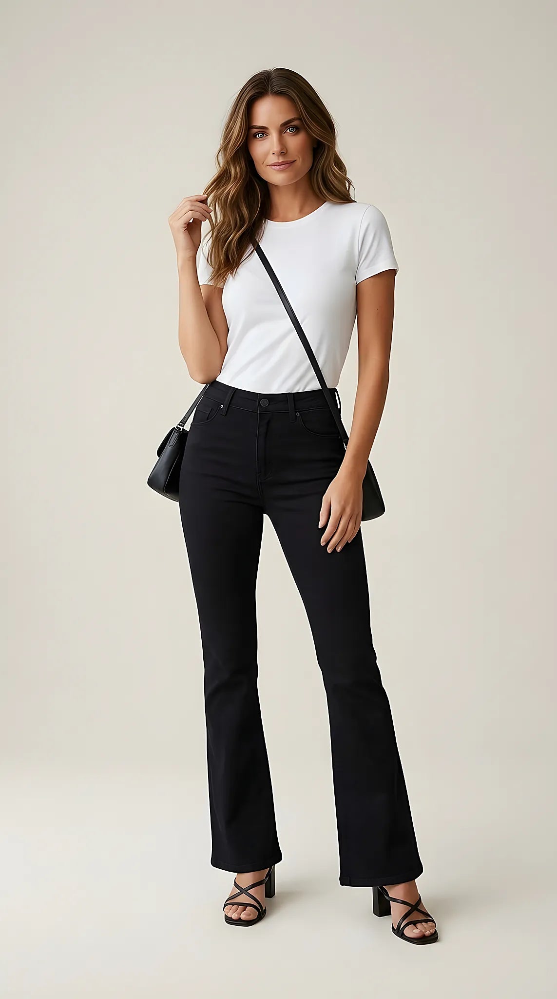 Pantaloni evazați negri pentru damă, model flared cu talie înaltă, blugi stretch din bumbac