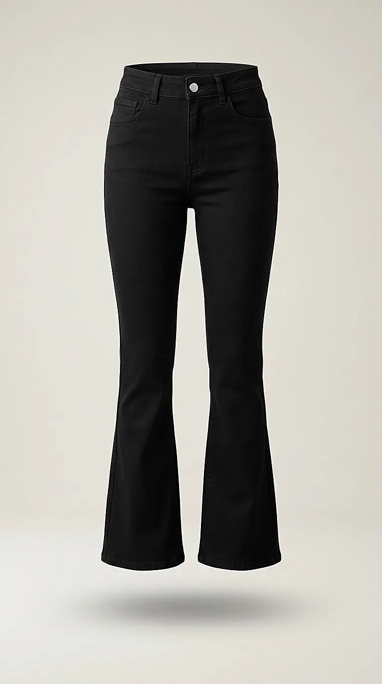 Pantaloni evazați negri pentru damă, model flared cu talie înaltă, blugi stretch din bumbac