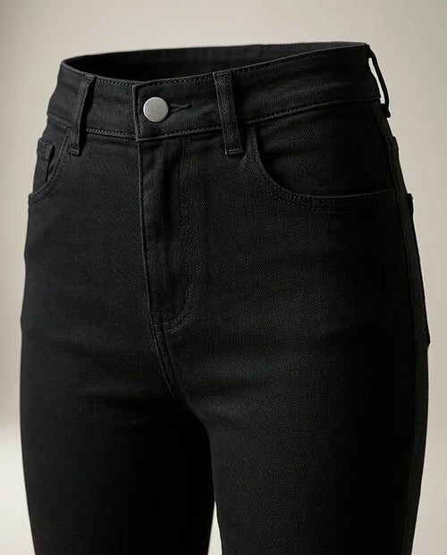 Pantaloni evazați negri pentru damă, model flared cu talie înaltă, blugi stretch din bumbac