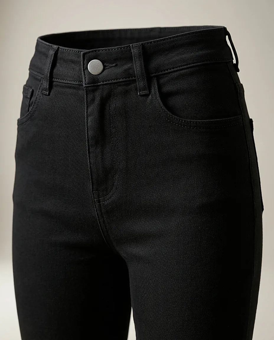 Pantaloni evazați negri pentru damă, model flared cu talie înaltă, blugi stretch din bumbac