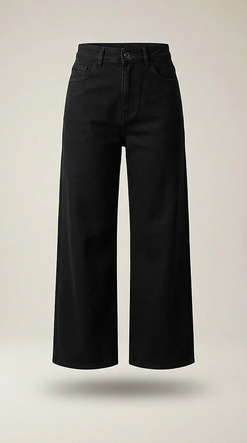 Pantaloni jeans negri damă wide leg cu talie înaltă, stil casual-elegant, model fashion jeans
