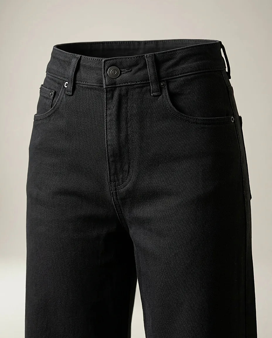 Pantaloni jeans negri damă wide leg cu talie înaltă, stil casual-elegant, model fashion jeans