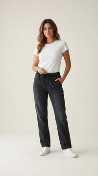 Pantaloni jogger damă negru prespălat cu talie elastică și șnur, stil casual comfy din bumbac cu aspect de denim | Mira Style