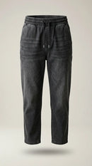 Pantaloni jogger damă negru prespălat cu talie elastică și șnur, stil casual comfy din bumbac cu aspect de denim