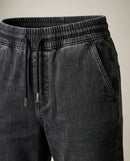 Pantaloni jogger damă negru prespălat cu talie elastică și șnur, stil casual comfy din bumbac cu aspect de denim