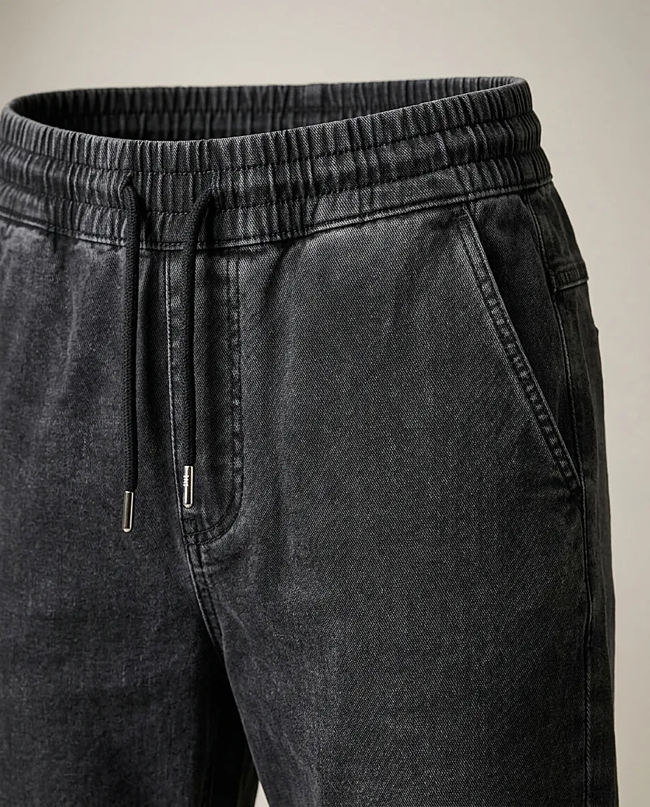 Pantaloni jogger damă negru prespălat cu talie elastică și șnur, stil casual comfy din bumbac cu aspect de denim
