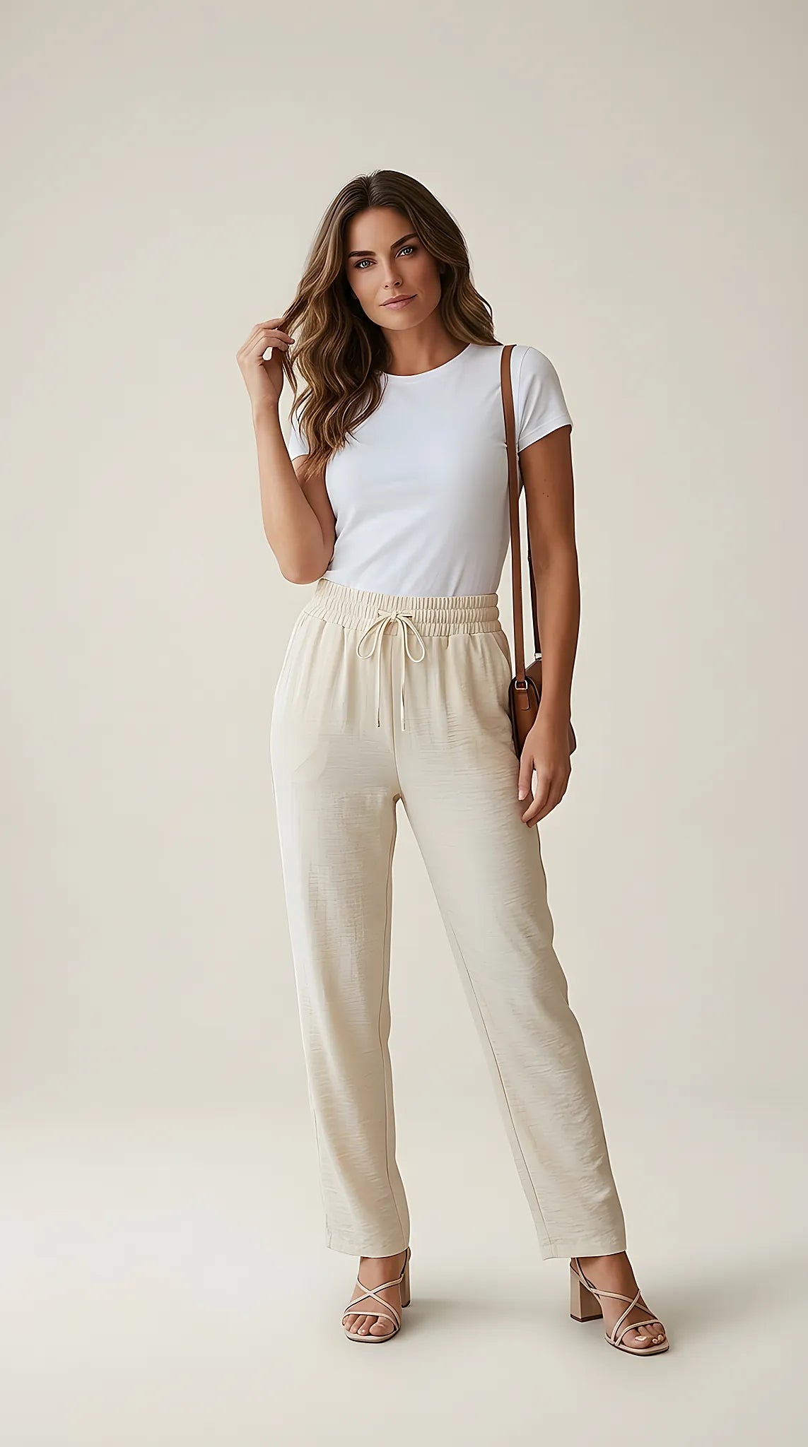 Pantaloni lungi de damă crem cu talie elastică și șnur, model casual-elegant din material fluid