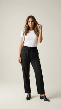 Pantaloni negri de damă cu talie elastică și șnur, croială dreaptă, lejeri și eleganți, perfecți pentru ținute casual-chic | Mira Style