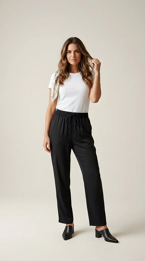 Pantaloni negri de damă cu talie elastică și șnur, croială dreaptă, lejeri și eleganți, perfecți pentru ținute casual-chic