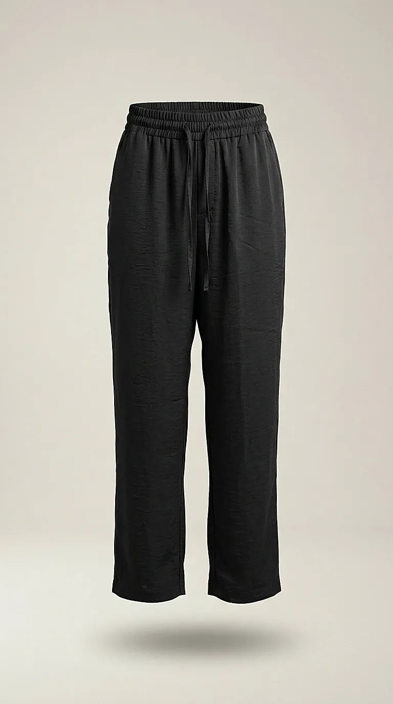 Pantaloni negri de damă cu talie elastică și șnur, croială dreaptă, lejeri și eleganți, perfecți pentru ținute casual-chic