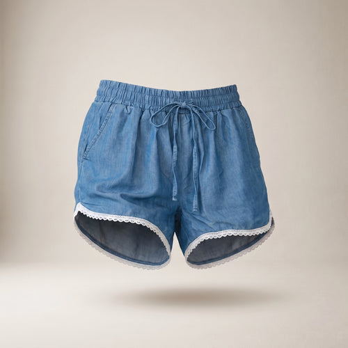 Pantaloni scurți din denim cu dantelă, albaștri — vedere din față