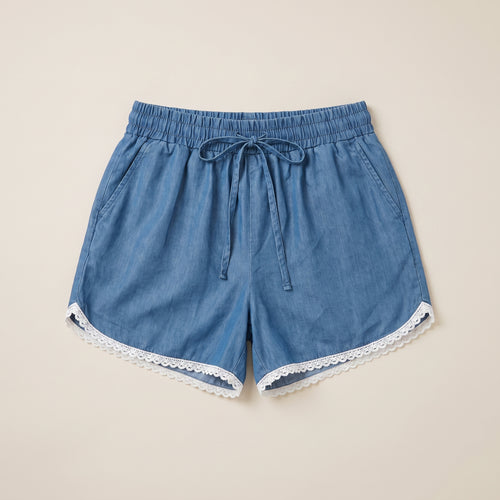 Pantaloni scurți din denim cu dantelă, albaștri — hero_intins