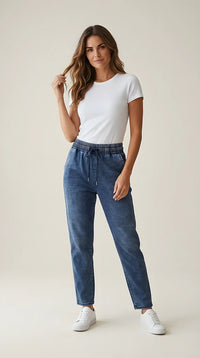 Pantaloni tip jogger din denim prespălat pentru femei, cu talie elastică și șnur, model casual confortabil | Mira Style