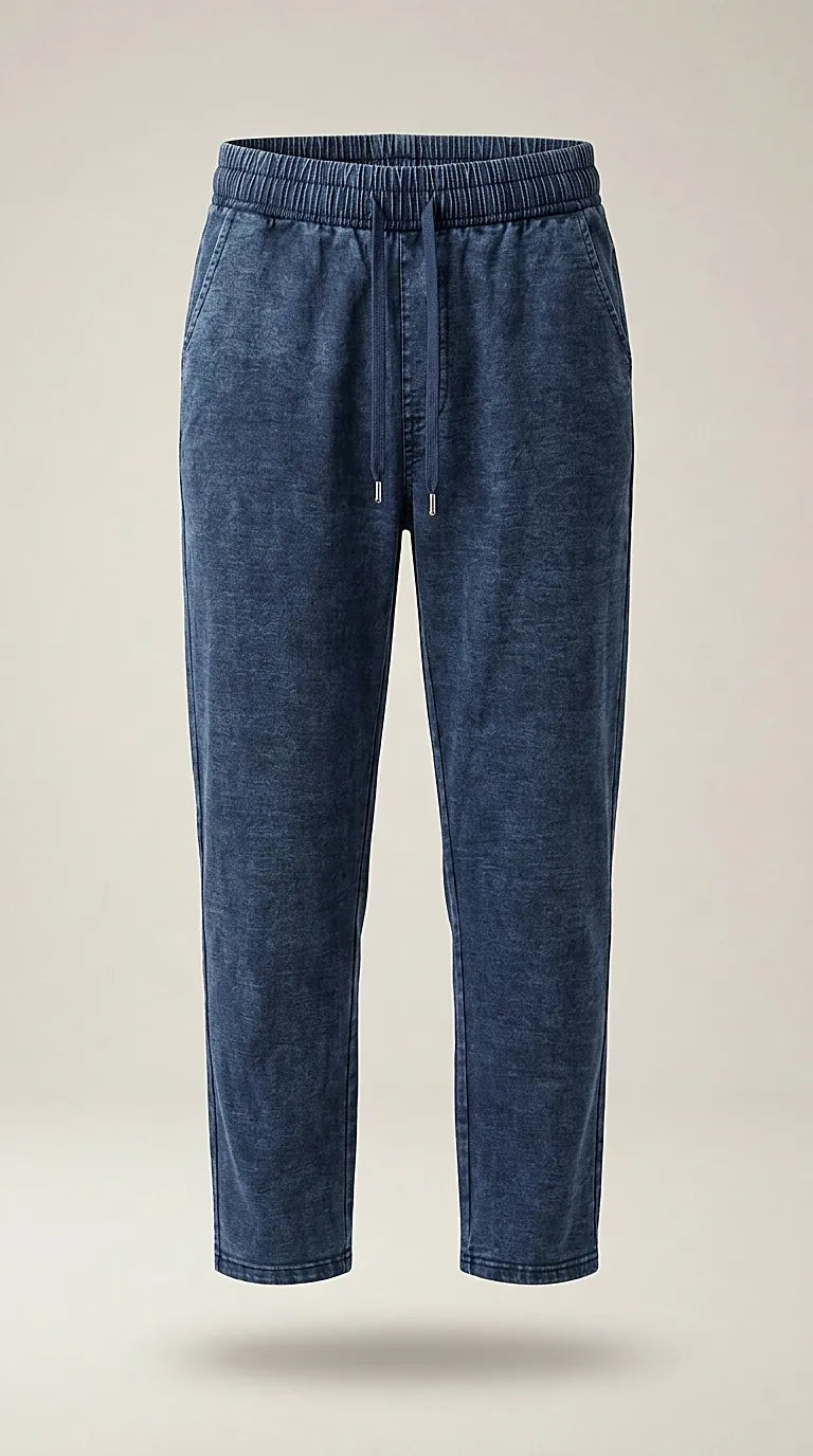 Pantaloni tip jogger din denim prespălat pentru femei, cu talie elastică și șnur, model casual confortabil