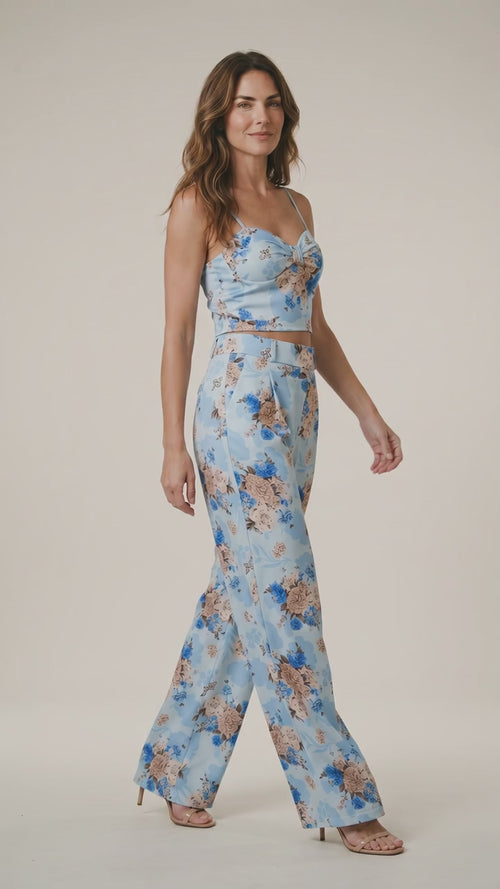 Compleu damă bleu cu imprimeu floral – Top și pantaloni lungi