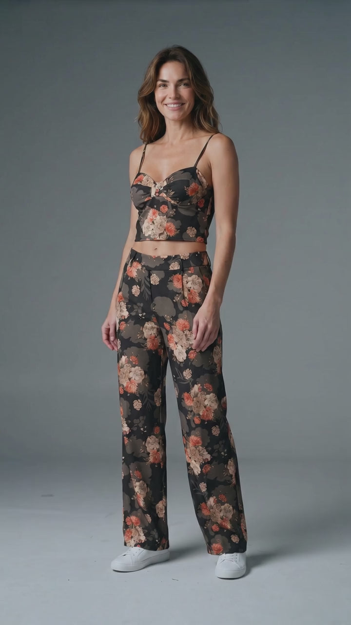 Compleu damă negru cu imprimeu floral portocaliu – Top și pantaloni lungi