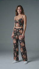 Compleu damă negru cu imprimeu floral portocaliu – Top și pantaloni lungi