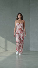Compleu damă roz deschis cu imprimeu floral – Top și pantaloni lungi