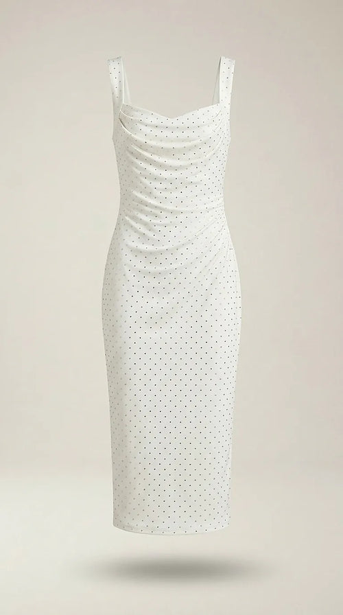 Rochie albă midi sport-casual, material striat elastic cu decolteu drapat și bretele late, ornamentată cu cristale discrete