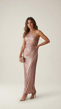 Rochie de seară elegantă maxi one-shoulder, pliuri diagonale și decupaj lateral, culoare rose gold metalizat | Mira Style