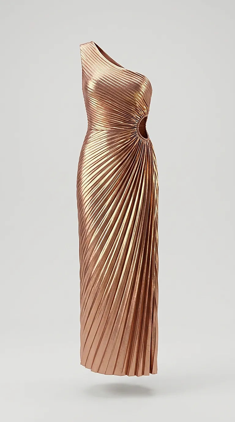 Rochie de seară elegantă maxi one-shoulder, pliuri diagonale și decupaj lateral, culoare rose gold metalizat