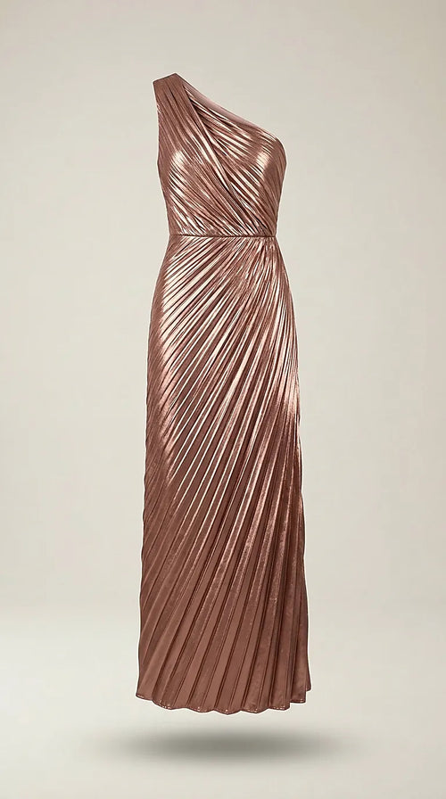 Rochie de seară elegantă maxi pe un umăr, satinată cu pliuri diagonale, decupaj lateral, stil grecian, culoare bronz rose gold