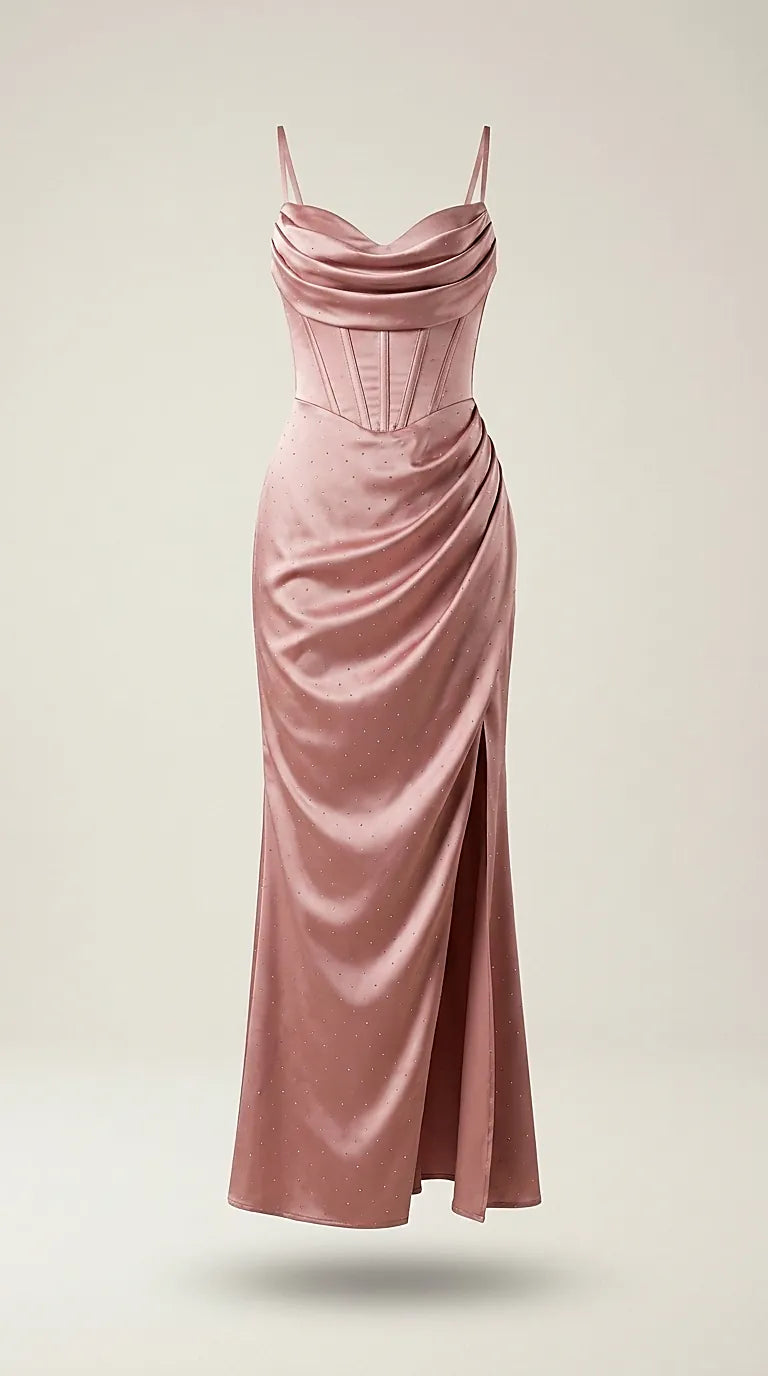 Rochie de seară lungă, elegantă, roz prăfuit, din material satinat cu cristale discrete, decolteu drapat și corset, crăpătură pe picior