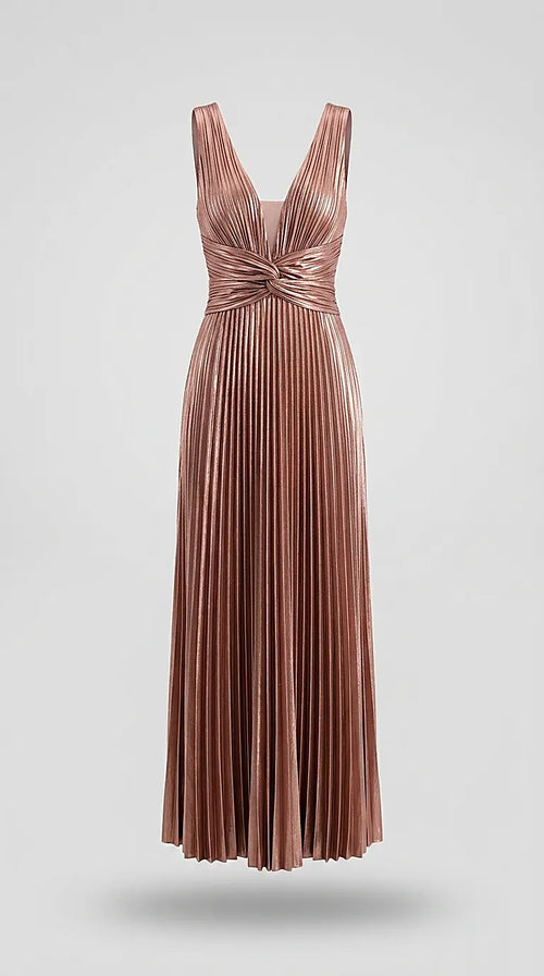 Rochie de seară lungă plisată cu efect metalizat, decolteu în v și nod în talie, roz-cupru elegant