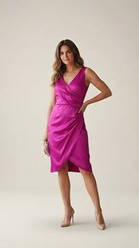Rochie elegantă de cocktail fucsia din satin, cu decolteu în v și design drapat asimetric | Mira Style