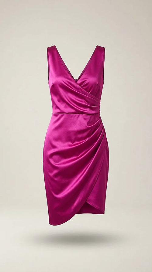 Rochie elegantă de cocktail fucsia din satin, cu decolteu în v și design drapat asimetric