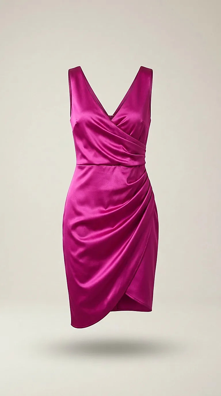 Rochie elegantă de cocktail fucsia din satin, cu decolteu în v și design drapat asimetric