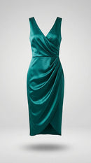 Rochie elegantă de cocktail scurtă, din satin verde-turcoaz, cu decolteu în v și design petrecut drapat