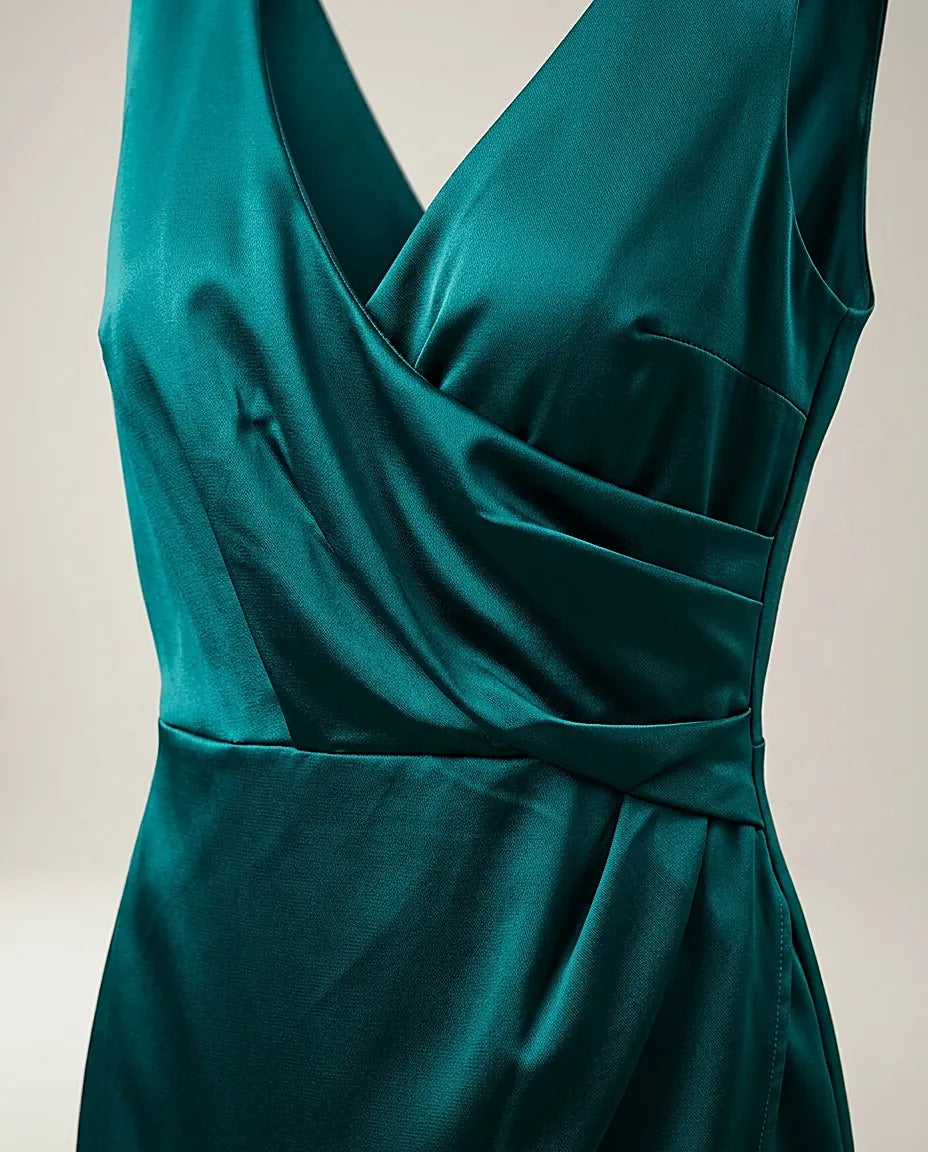 Rochie elegantă de cocktail scurtă, din satin verde-turcoaz, cu decolteu în v și design petrecut drapat