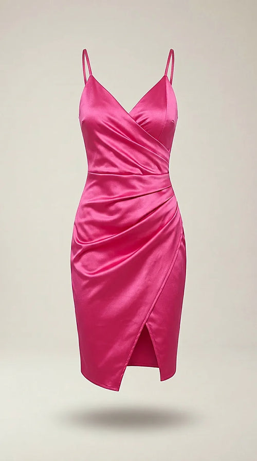 Rochie elegantă de damă, roz fucsia, din material satinat, cu design petrecut și drapaj pe talie, bretele subțiri și fustă asimetrică, ideală pentru cocktail sau evenimente speciale