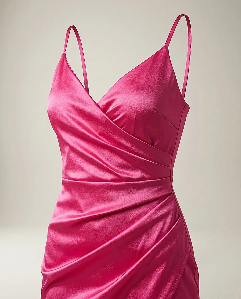 Rochie elegantă de damă, roz fucsia, din material satinat, cu design petrecut și drapaj pe talie, bretele subțiri și fustă asimetrică, ideală pentru cocktail sau evenimente speciale