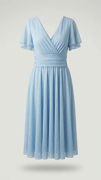 Rochie elegantă de ocazie baby blue ,lungime medie (aproximativ zona genunchilor)cu sclipici, din voal, cu decolteu in v si mâneci fluture, ideala pentru nunta sau botez | Mira Style
