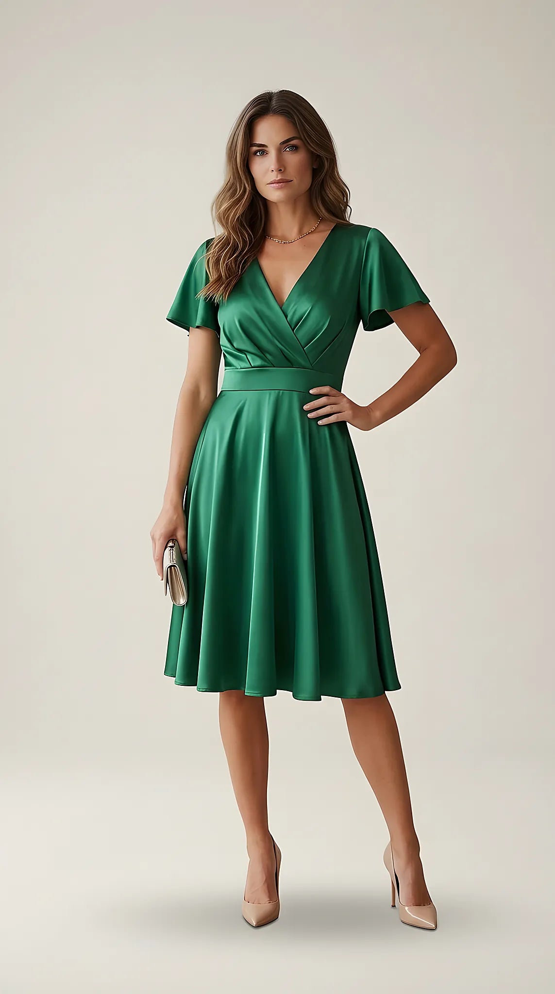 Rochie elegantă de ocazie verde smarald, din material satinat, cu decolteu petrecut în v și mâneci evazate