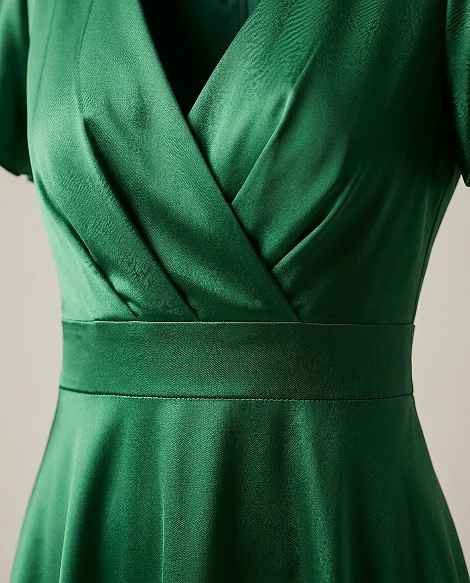 Rochie elegantă de ocazie verde smarald, din material satinat, cu decolteu petrecut în v și mâneci evazate
