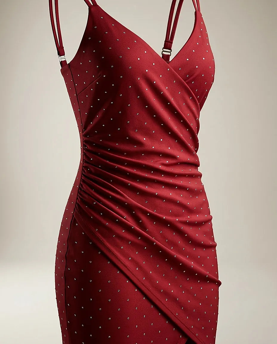 Rochie elegantă de petrecere roșie cu strasuri și bretele subțiri, model drapat asimetric, ideală pentru evenimente speciale și cocktail