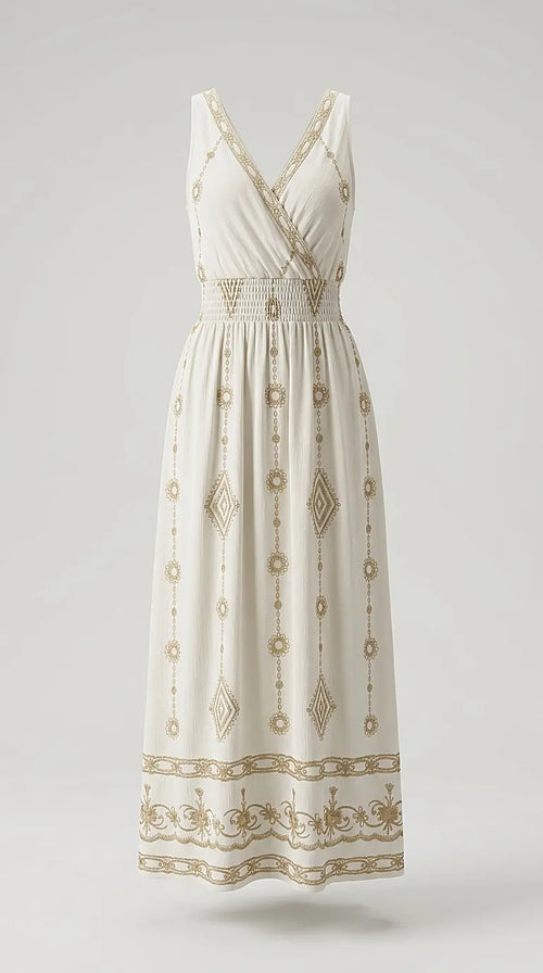 Rochie elegantă lungă de vară, stil boho-chic, albă cu broderie aurie, decolteu petrecut și talie elastică