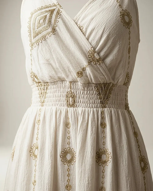 Rochie elegantă lungă de vară, stil boho-chic, albă cu broderie aurie, decolteu petrecut și talie elastică