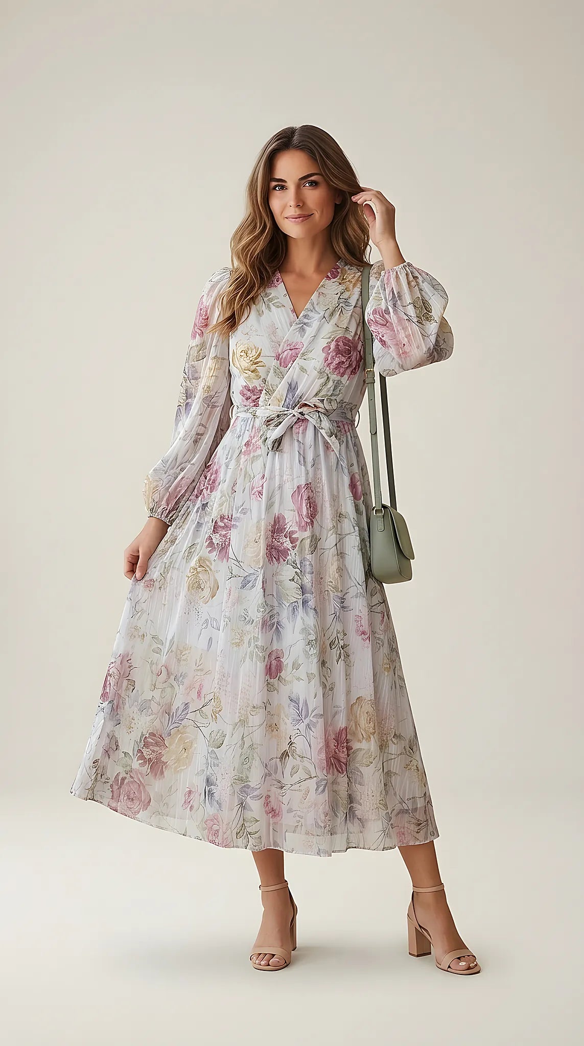 Rochie elegantă midi petrecută din voal plisat cu imprimeu floral vintage, mâneci bufante și cordon în talie | Mira Style