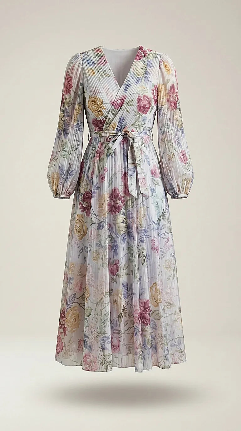 Rochie elegantă midi petrecută din voal plisat cu imprimeu floral vintage, mâneci bufante și cordon în talie | Mira Style
