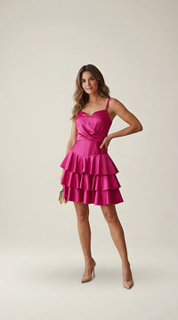 Rochie elegantă scurtă de seară fuchsia din satin cu volane suprapuse, model cocktail scurt cu decolteu în formă de inimă | Mira Style