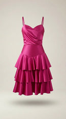 Rochie elegantă scurtă de seară fucsia din satin cu volane suprapuse, model cocktail scurt cu decolteu în formă de inimă