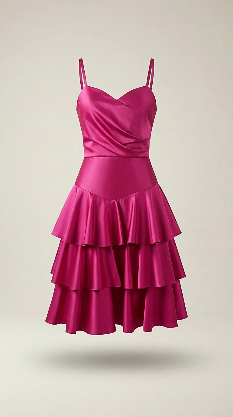 Rochie elegantă scurtă de seară fucsia din satin cu volane suprapuse, model cocktail scurt cu decolteu în formă de inimă