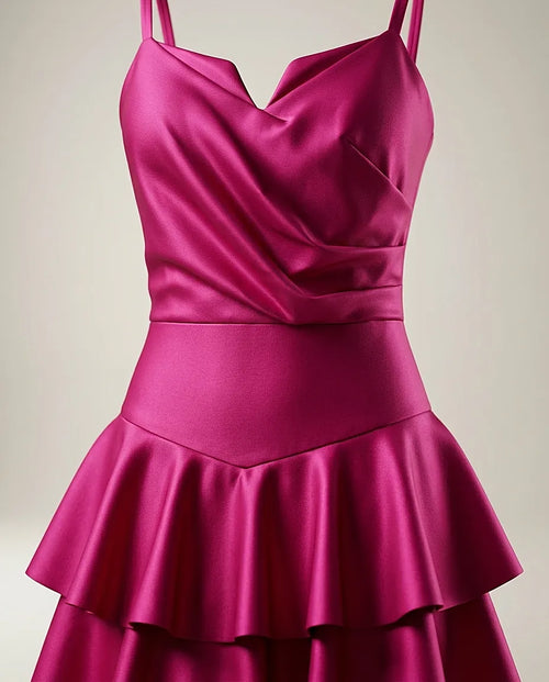 Rochie elegantă scurtă de seară fucsia din satin cu volane suprapuse, model cocktail scurt cu decolteu în formă de inimă