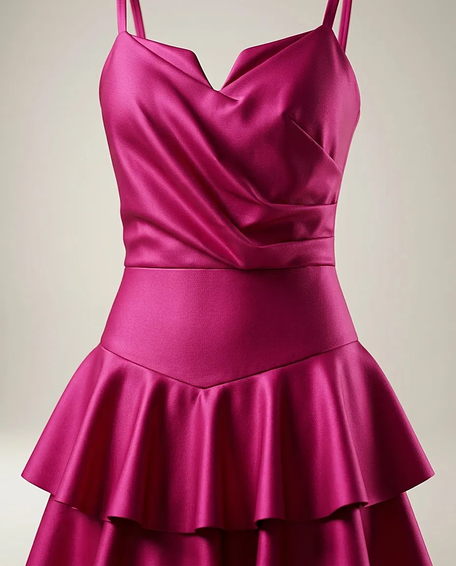 Rochie elegantă scurtă de seară fucsia din satin cu volane suprapuse, model cocktail scurt cu decolteu în formă de inimă